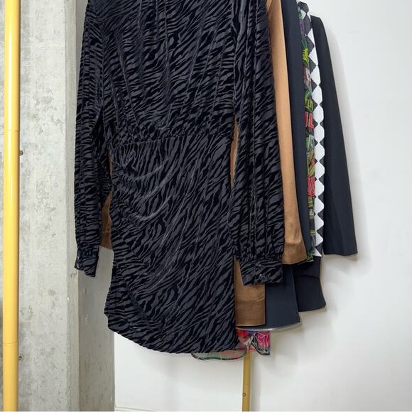 New Ramy Brook Kalani Black Zebra Print Flocked Textuted Long Sleeve Mini Dress - Picture 13 of 15